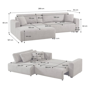 Canapé d'angle gauche convertible 3 places tissu avec coffre WIDE