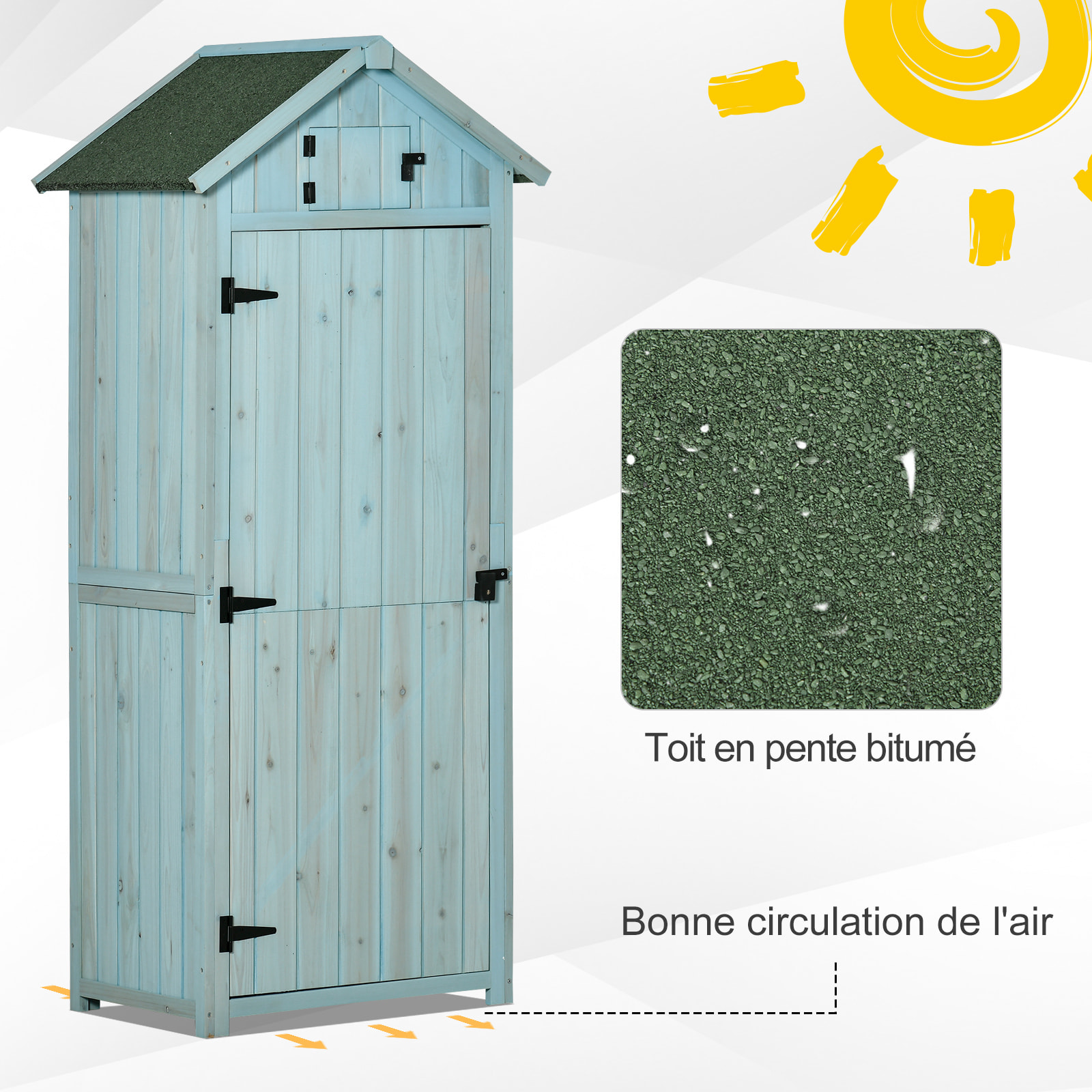 Armoire abri de jardin remise pour outils 3 étagères 2 portes loquets toit pente bitumé 77L x 54l x 179H cm sapin traité bleu