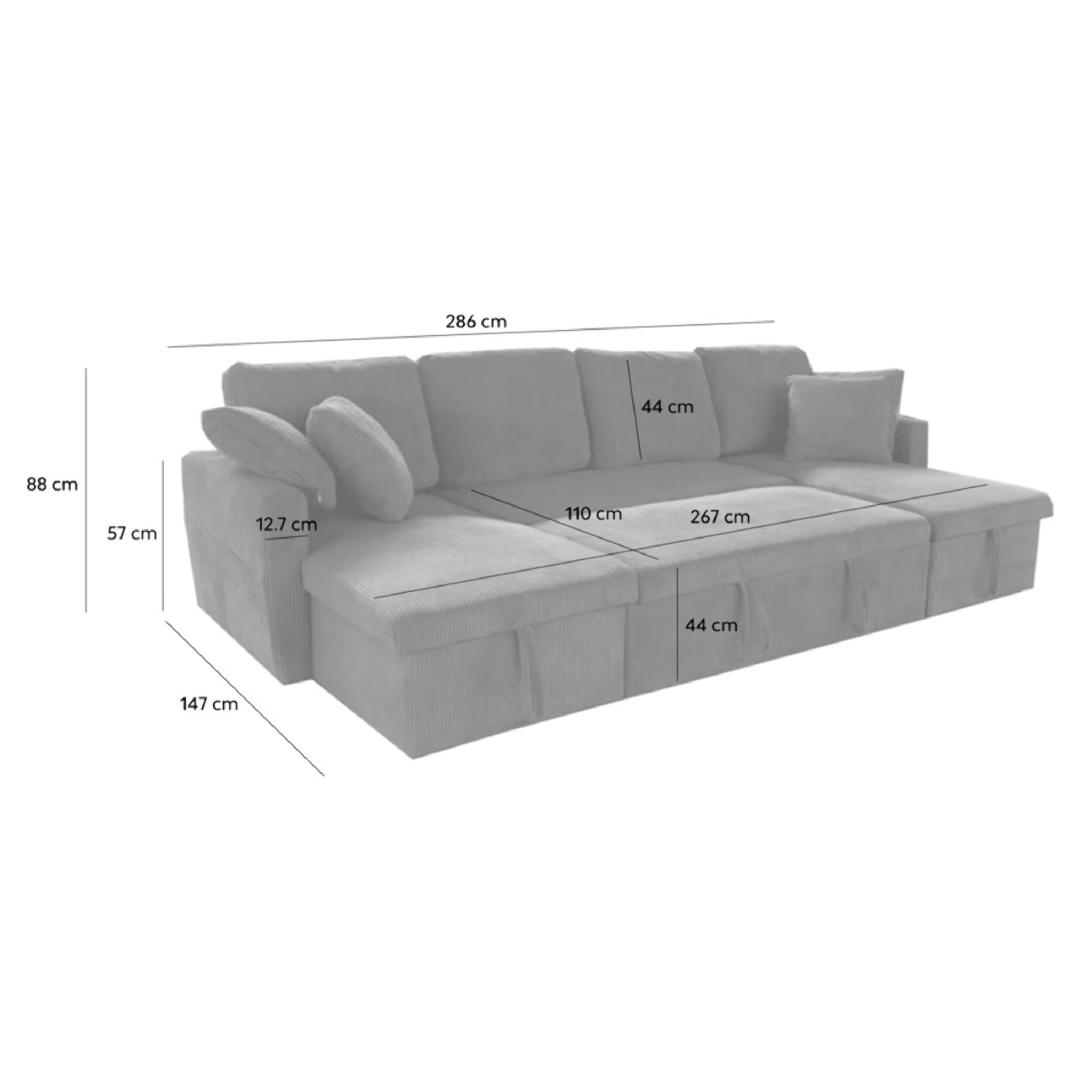 ELLA Canapé panoramique convertible avec coffres 4 places en velours côtelé gris