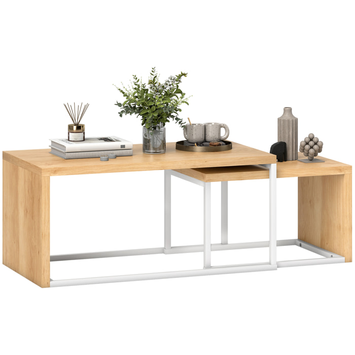 Juego de 2 Mesas de Centro, Mesa Nido Moderna, Mesitas Auxiliares, Marco de Metal, para Salón, Dormitorio, Grande 90x48x42 cm y Pequeña 59x42x36 cm, Natural y Blanco