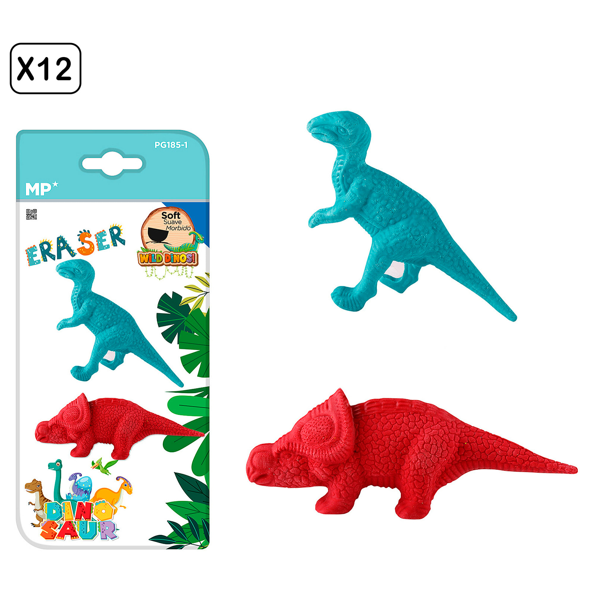 12 PACKS DE BORRADOR DE COLOR DINOSAURIO 2 Uds. VELOCIRAPTOR Y PROTOCERATOPS.