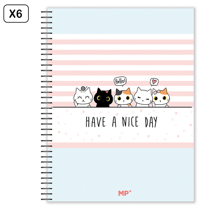 PACK 6 UNIDADES CUADERNO EXTRADURA A4 120 HOJAS CUADRICULA DISEÑO GATITOS