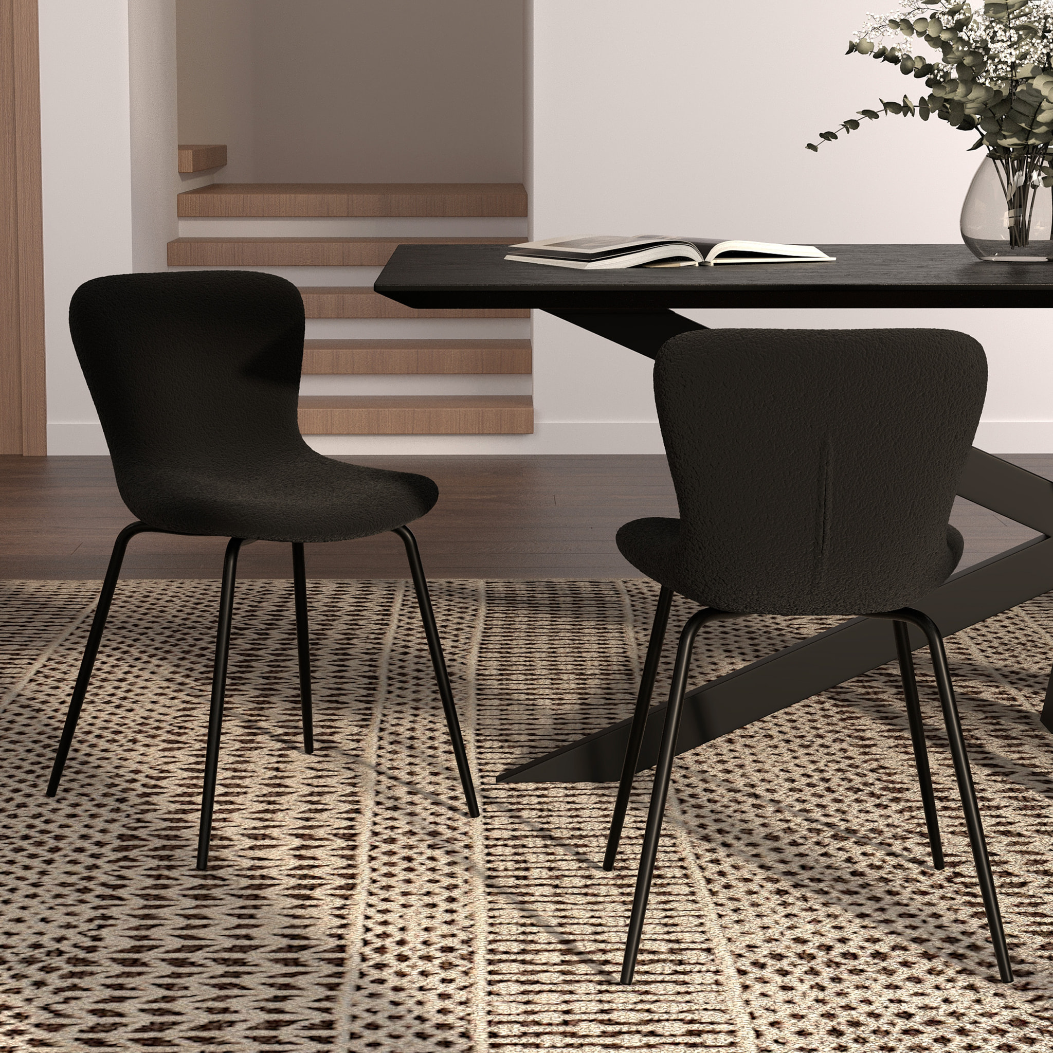 Lot de 2 chaises effet laine bouclette noire et pieds en métal - Koko