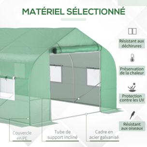 Serre tunnel grande taille 17,85 m² châssis tubulaire acier galvanisé renforcé 2,4 cm 8 fenêtres 1 porte vert