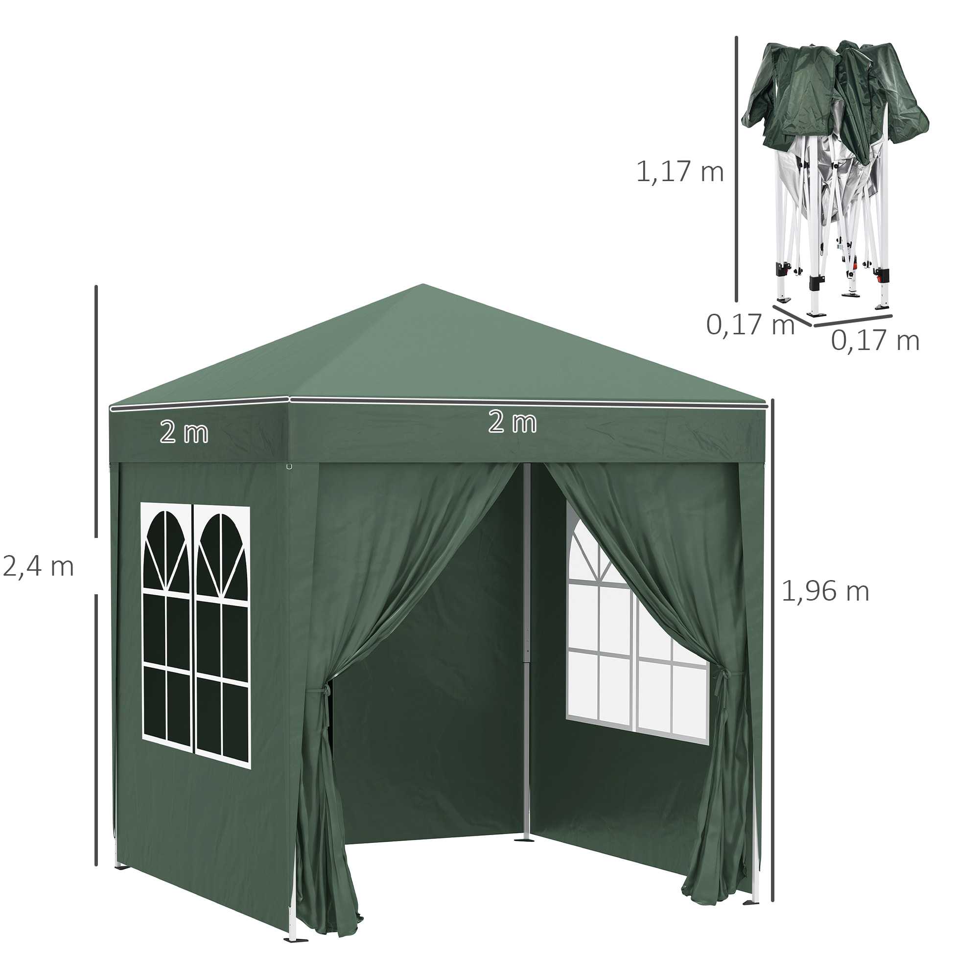 Carpa Plegable 2x2 m Cenador de Jardín con 4 Paredes Laterales Tela Oxford 2 Puertas 2 Ventanas y Bolsa de Transporte para Exterior Terraza Camping Fiestas Verde