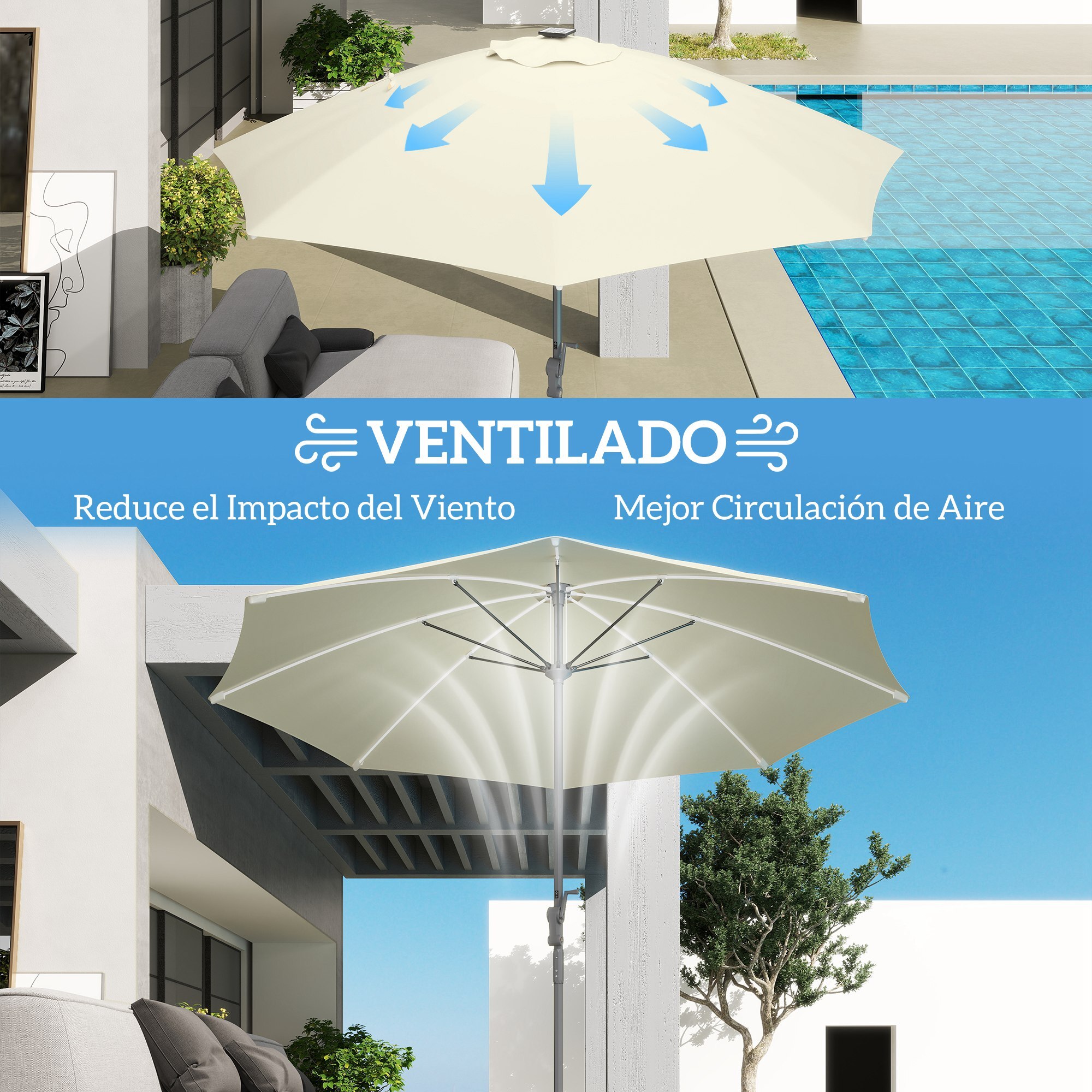 Sombrilla Terraza Exterior con Luces LED Ø300x256 cm Sombrilla de Jardín con Manivela Techo de Ventilación Protección UV50+ y Poste de Aluminio Parasol para Patio Piscina Playa Crema