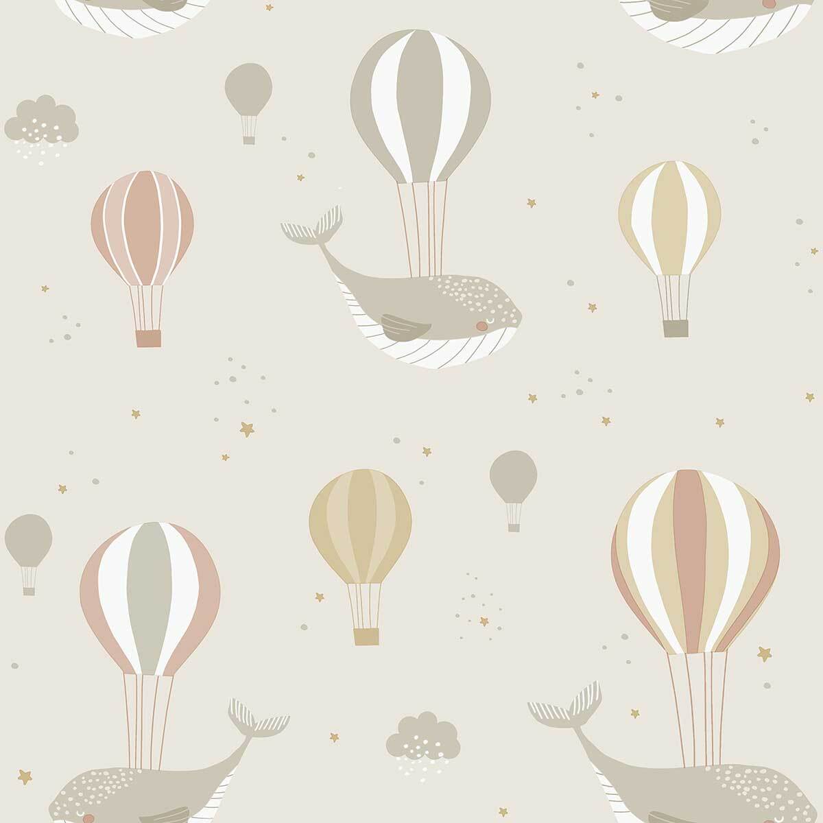 Papier peint baleines ballons air chaud pastel