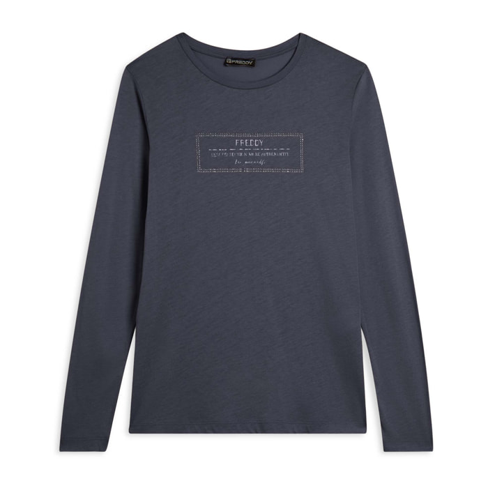 T-shirt donna lunga con spacchi e grafica brillante