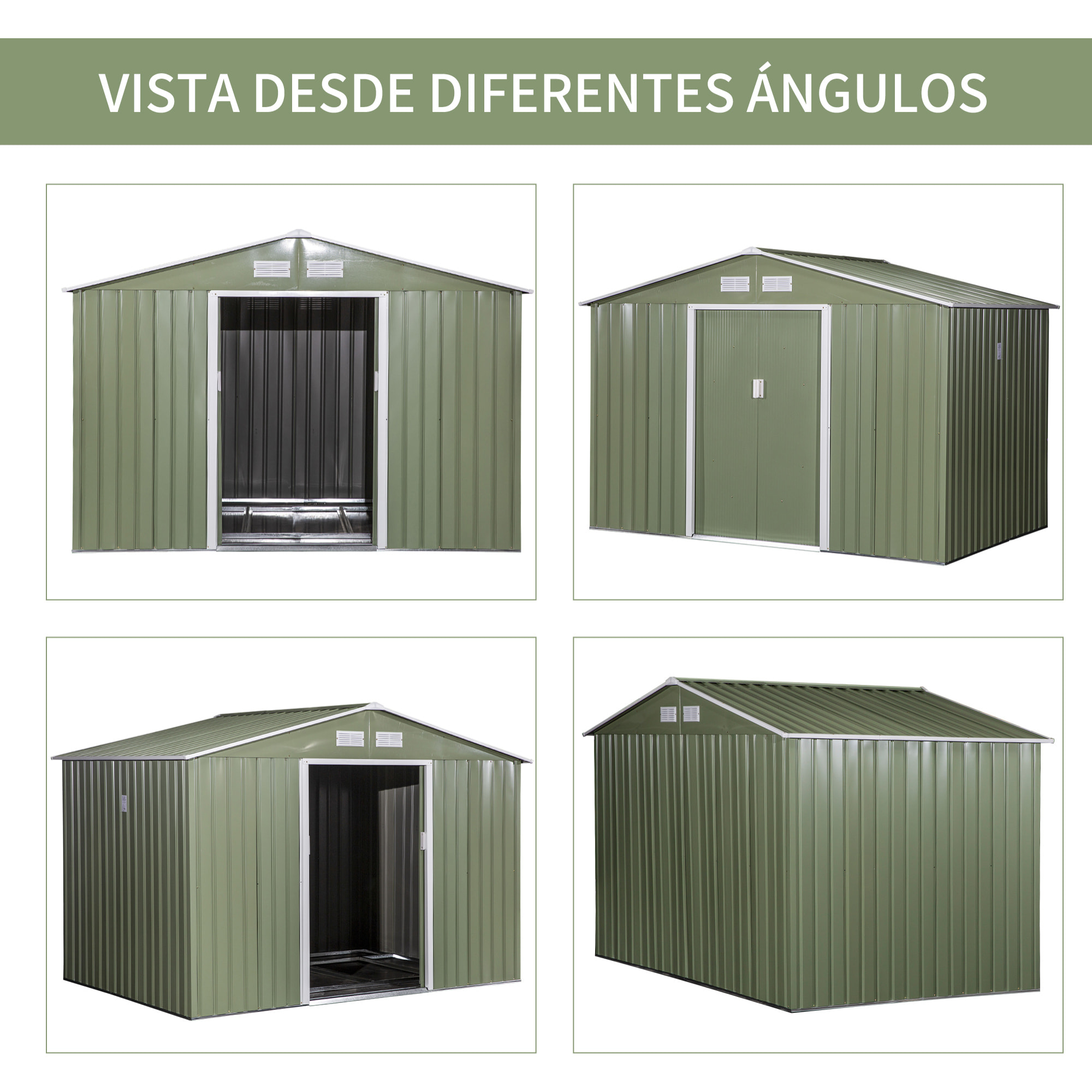 Cobertizo de Jardín Exterior 277x195x192 cm Caseta de Jardín Metálica para Almacenamiento de Herramientas con Base Incluida y 4 Ventanas 4,83 m² Verde Claro
