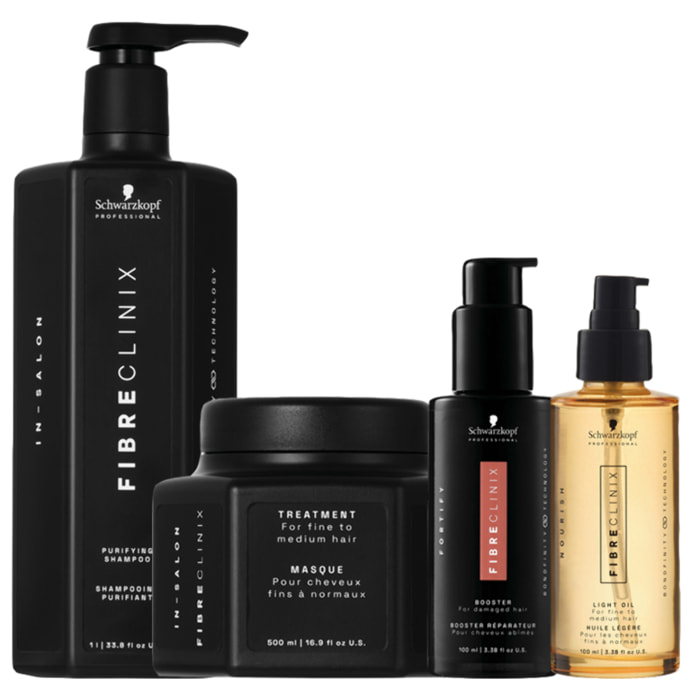 SCHWARZKOPF Kit Fibre Clinix In-Salon Purifing Shampoo 1000ml + Mask Fine-Medium 500ml + Fortify Booster 100ml +  Light Oil For Fine-Medium 100ml