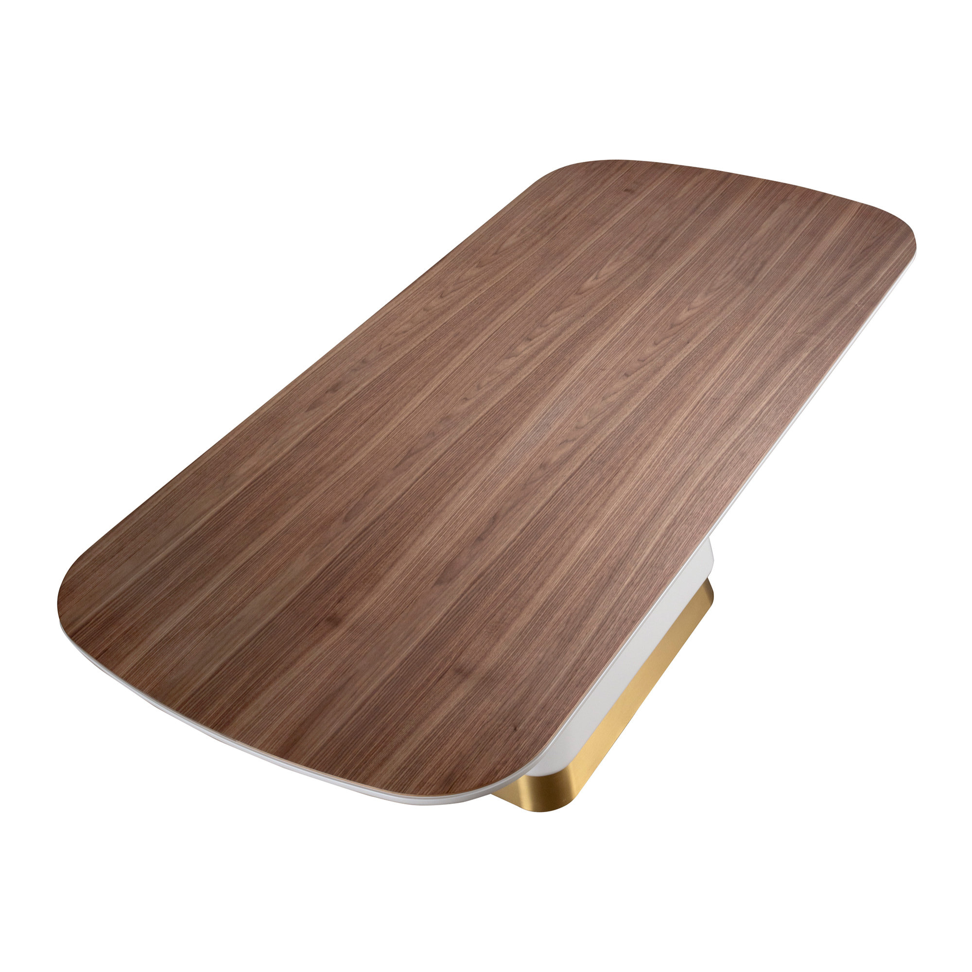 Mesa comedor rectangular con tapa fija de madera chapada en nogal natural patas de madera de MDF en beige y base de acero inoxidable pulido en dorado 200x95x76cm