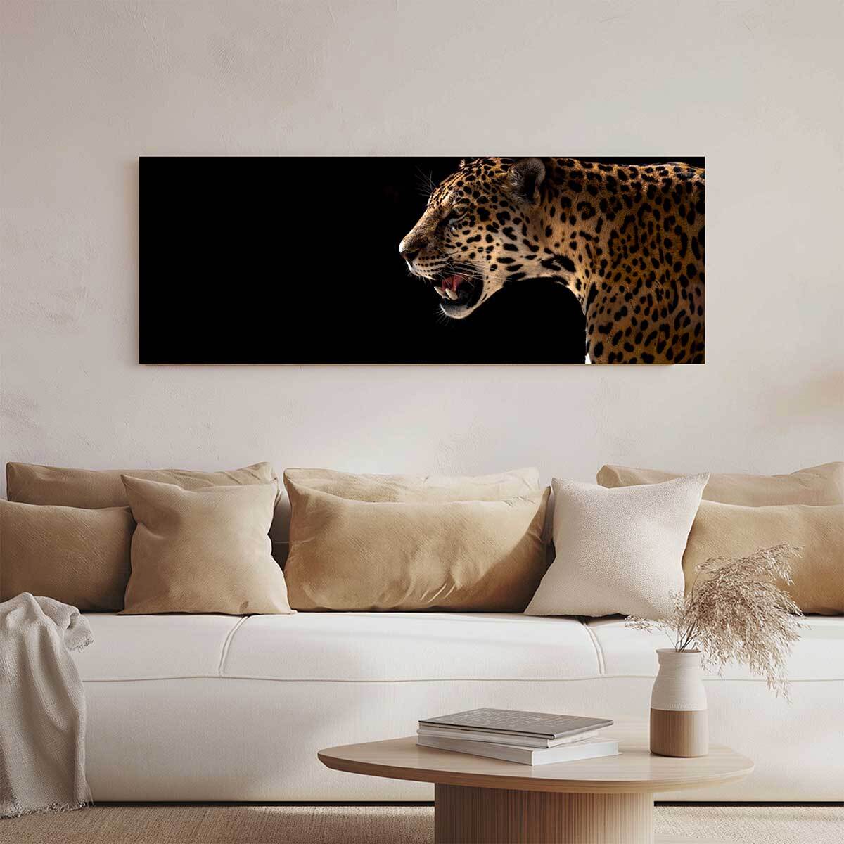 Tableau panoramique léopard sauvage fond noir art animalier Toile imprimée
