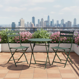 Set bistro plegable de 3 piezas (mesa 60cm + 2 sillas) en acero y verde mate, compacto para balcón