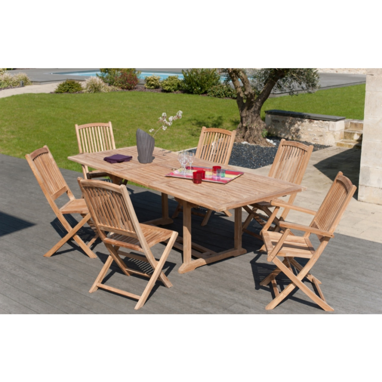 HARRIS - SALON DE JARDIN EN BOIS TECK 8/10 pers - Ensemble de jardin - 1 Table rectangulaire extensible 180*240/100 cm 4 chaises