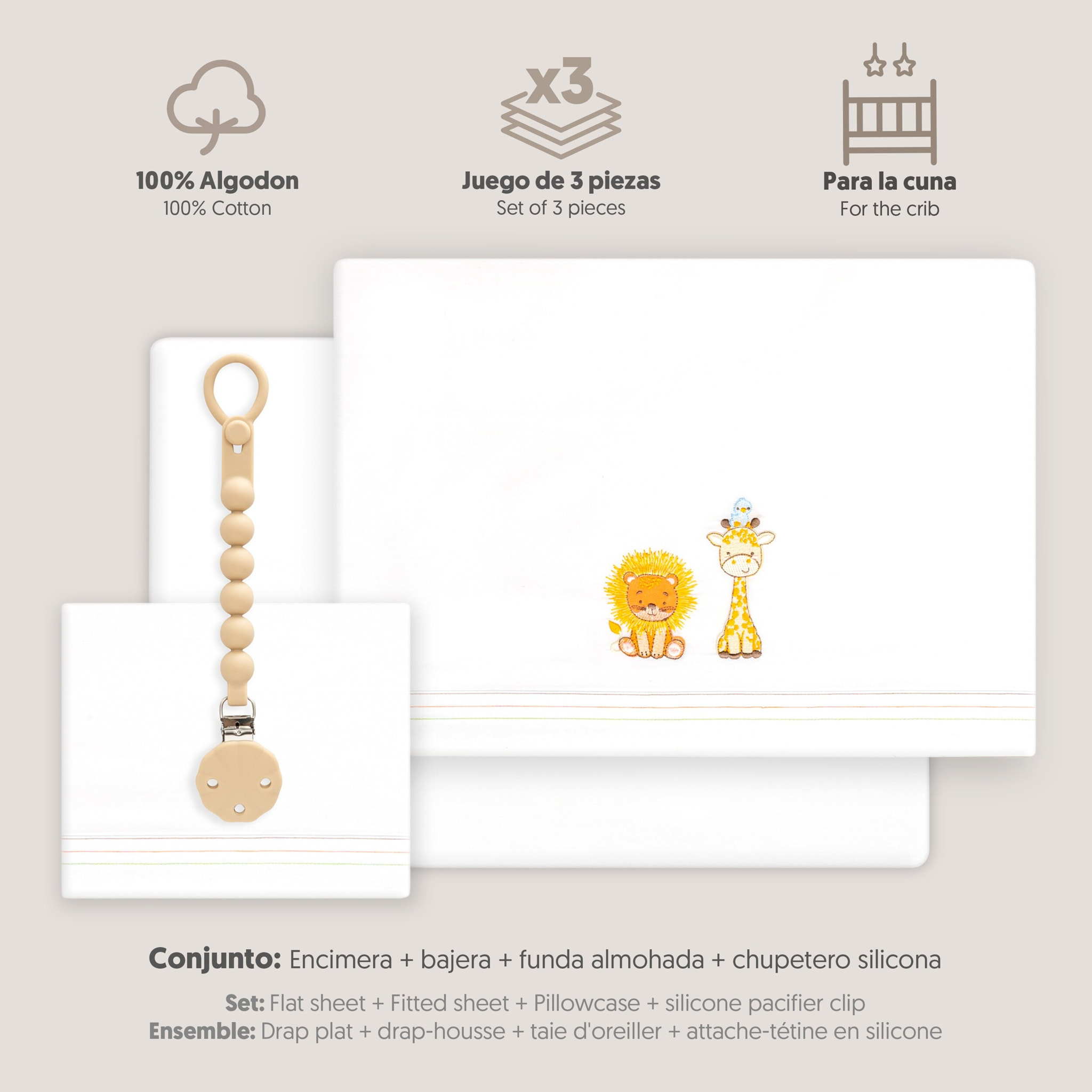 Triptico Cuna Leon Jirafa Pajarito + Broche Blanco