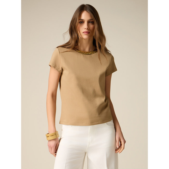 Oltre - Camiseta con detalle de lentejuelas - Beige