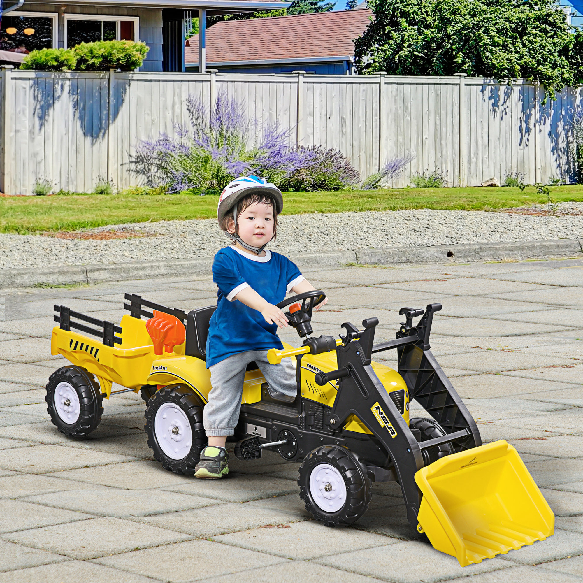 Tractor a Pedales para Niños de 3 Años Excavadora Infantil Juguete de Montar con Remolque Extraíble y Pala Delantera Carga 35 kg 167x41x52 cm Amarillo