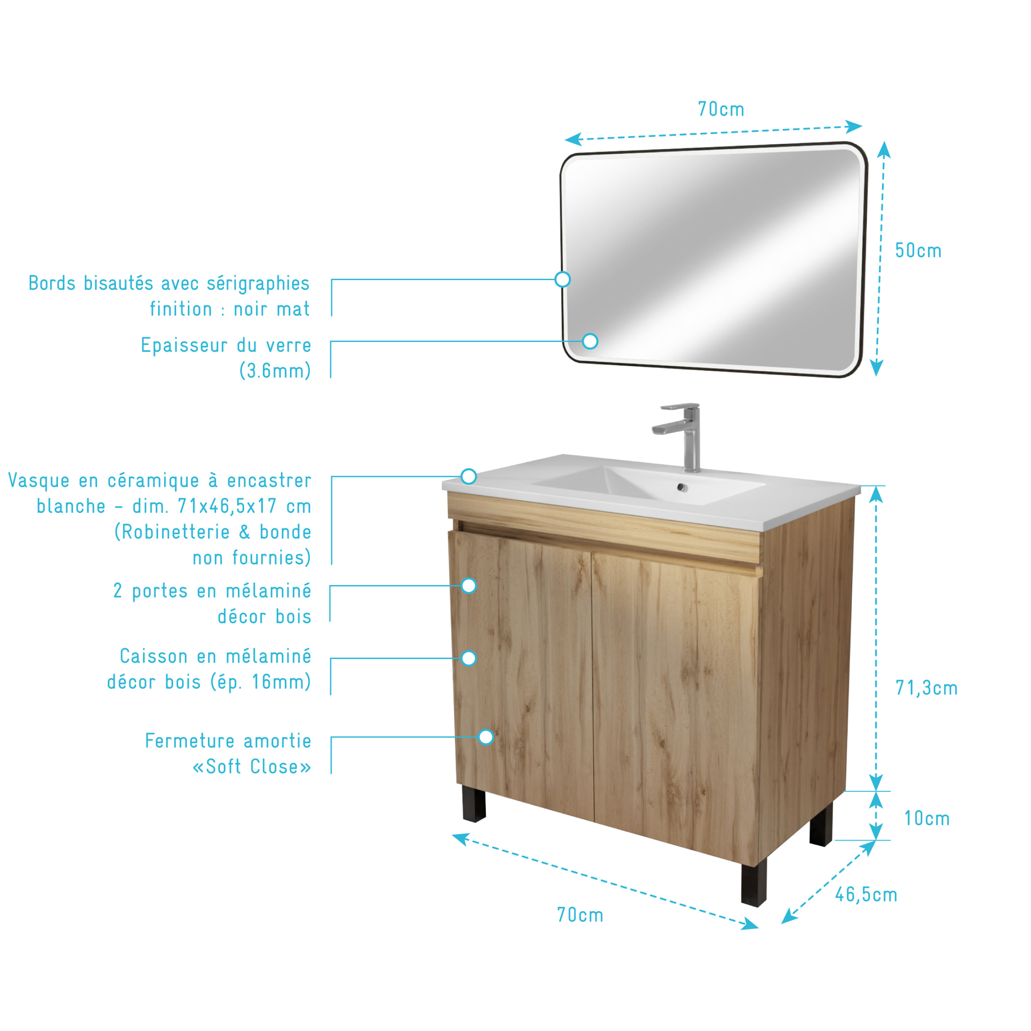 Meuble Salle de Bains 70 cm Décor Chêne Naturel à Portes - Vasque céramique blanche et miroir 70x50