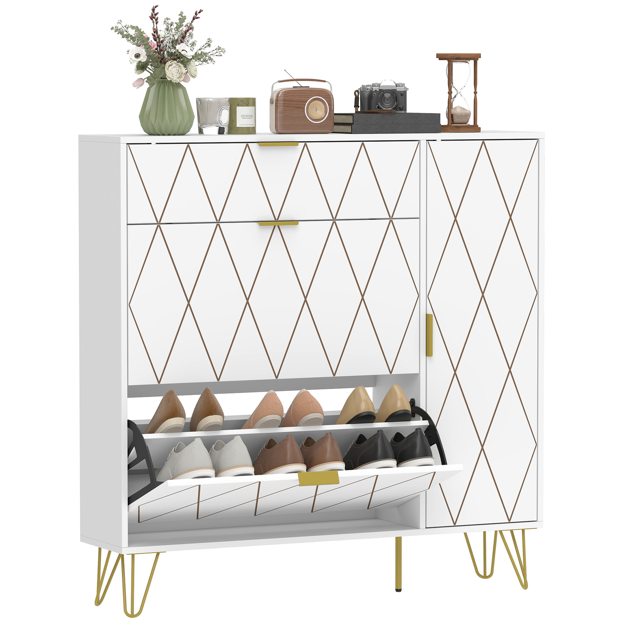 Zapatero Estrecho con 2 Cajones Abatibles, Mueble Zapatero Moderno con Armario y Estantes Ajustables, 10-14 Pares de Zapatos, para Pasillo, Entrada, 110x25x110,6 cm, Blanco