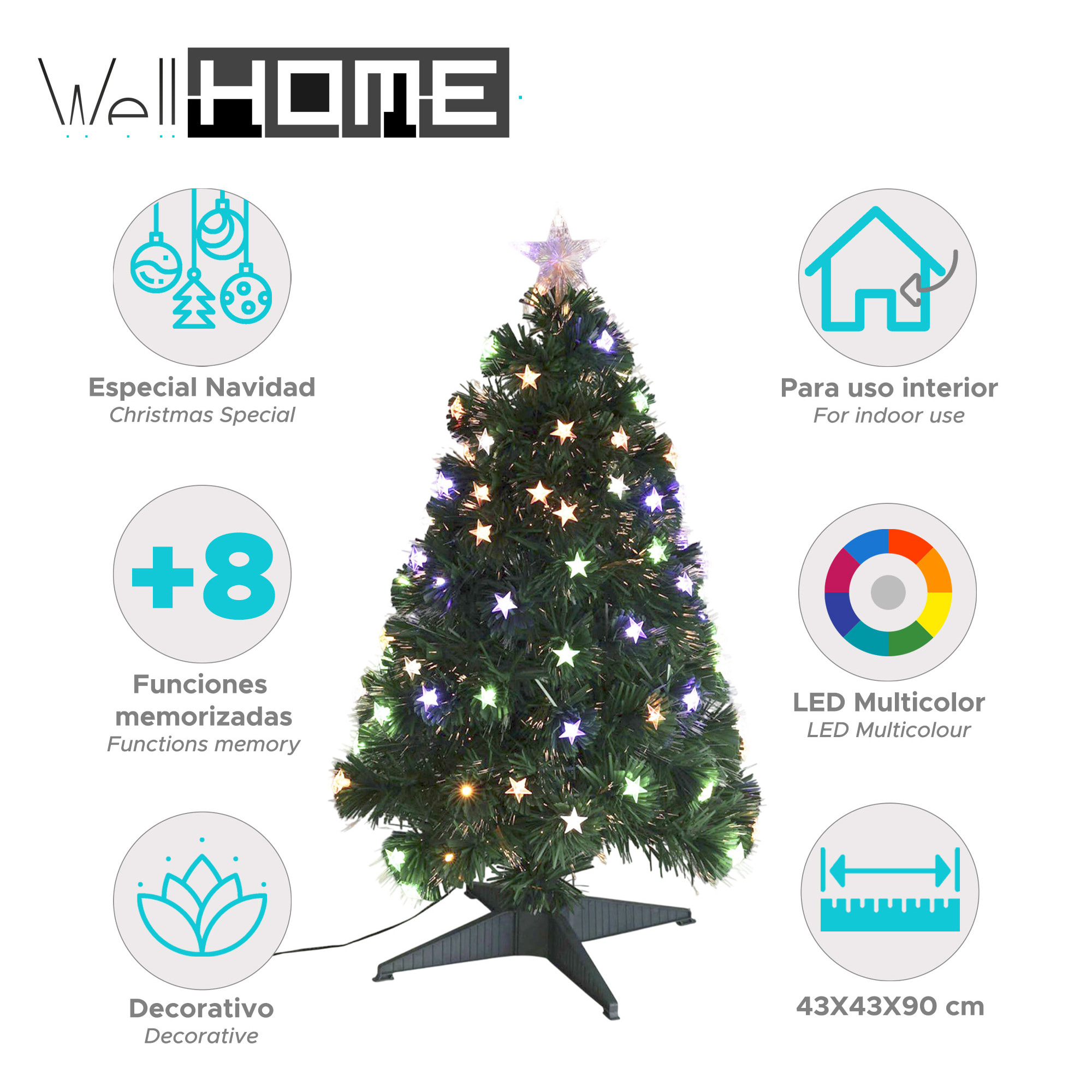 Árbol de navidad de fibra óptica con 90 luces led blanco cálido y multicolor con estrella 43x43x90cm