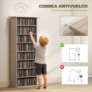 Estantería para CDs y DVDs Soportes para CD Estrechos con 8 Compartimentos Estantes Ajustables para Salón Oficina 58x24x126,3 cm Madera Natural