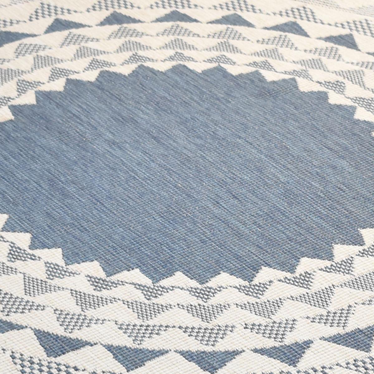 Tapis d'extérieur rond et  Reversible, tapis de grand diamètre blanc et bleu