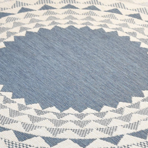 Tapis d'extérieur rond et  Reversible, tapis de grand diamètre blanc et bleu