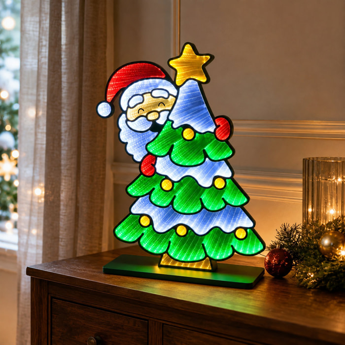Papá noel infinity led detrás del árbol de navidad con 531 leds multicolor, efecto espejo infinito 3d con temporizador 58x80 cm