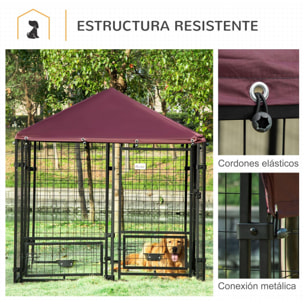 Perrera de 8 Paneles Parque para Perros Metálica de Exterior con 2 Soportes Giratorios para Comida 2 Cuencos y Toldo de Impermeable y Anti-UV 141x141x153 cm Negro y Rojo