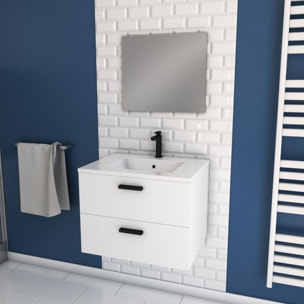Meuble salle de bain 60 cm suspendu 2 tiroirs Blanc avec vasque et miroir - BOX-IN