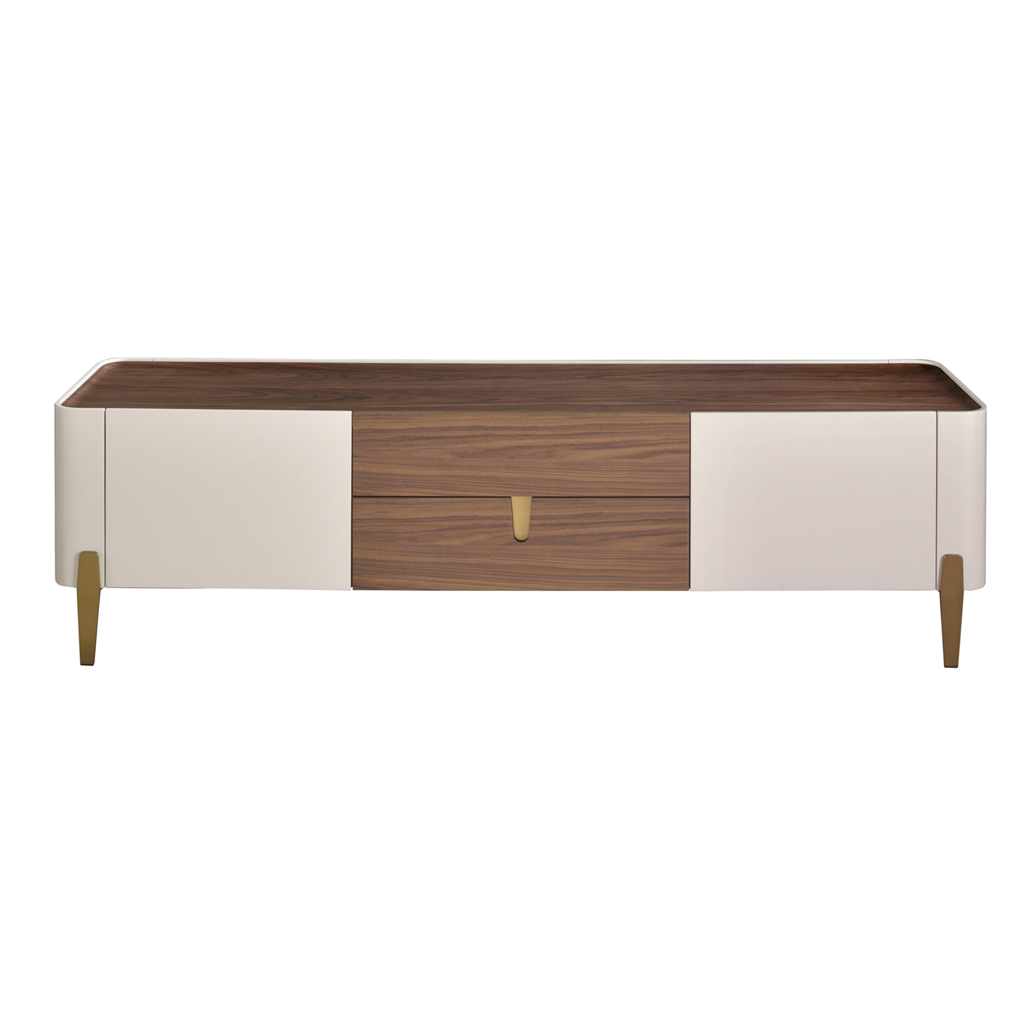 Mueble TV con estructura de madera chapada en nogal natural y madera MDF lacada en beige y unas patas de acero inoxidable pulido en dorado 200x47x54cm