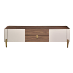 Mueble TV con estructura de madera chapada en nogal natural y madera MDF lacada en beige y unas patas de acero inoxidable pulido en dorado 200x47x54cm