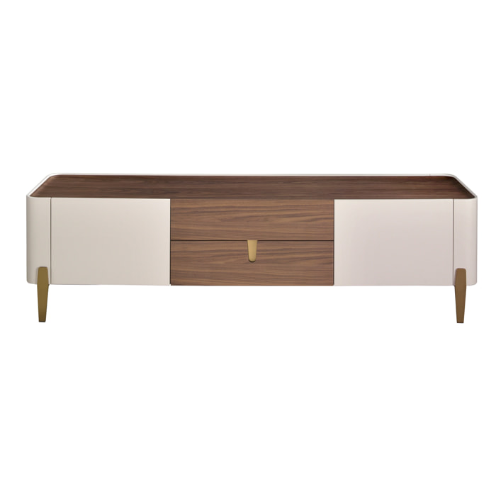 Mueble TV con estructura de madera chapada en nogal natural y madera MDF lacada en beige y unas patas de acero inoxidable pulido en dorado 200x47x54cm