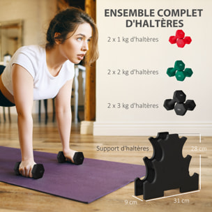 Ensemble d'haltères hexagonaux courtes total 12 Kg - support d'haltères incluses - pour la musculation, 6 haltères - 2 x 1kg, 2 x 2kg, 2 x 3kg