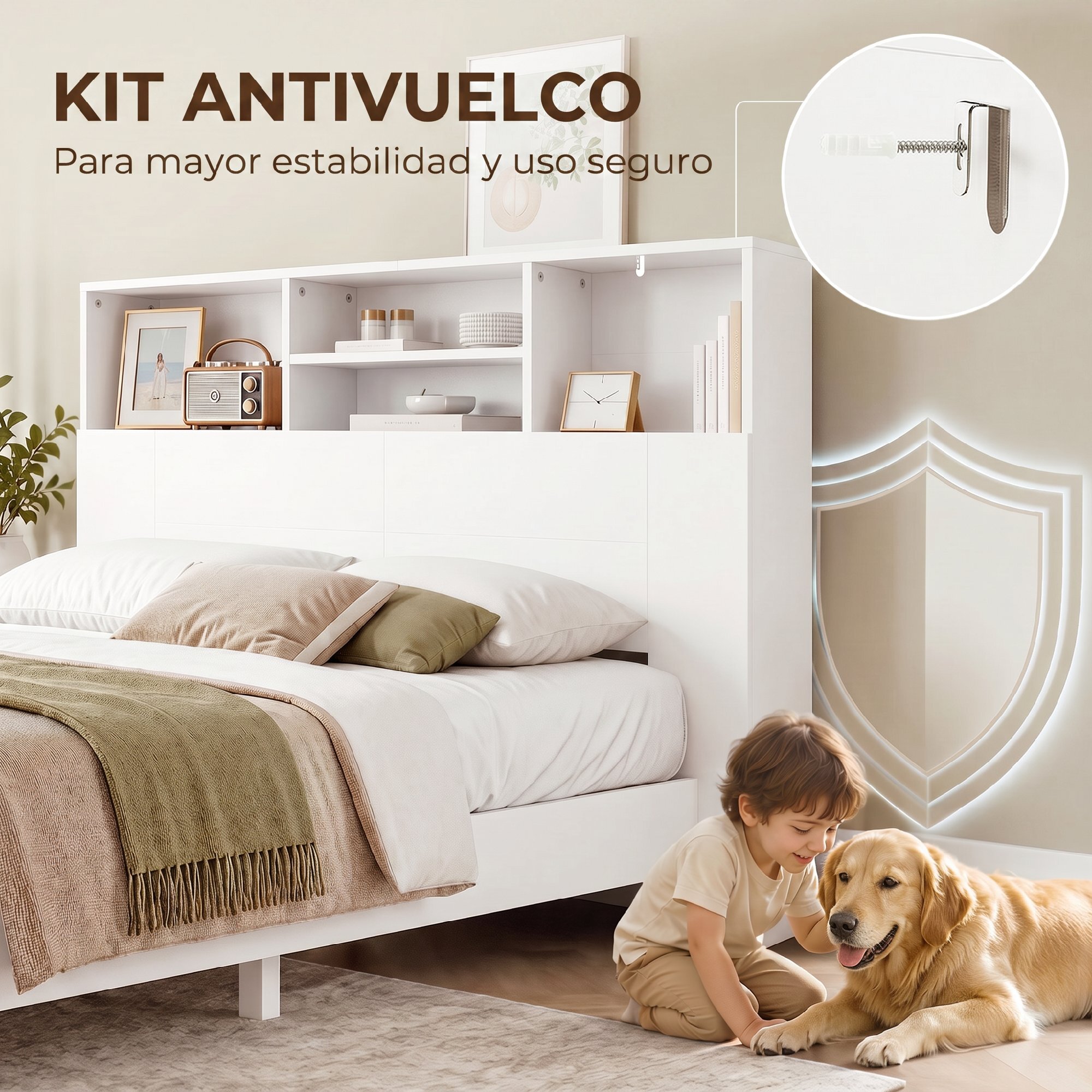 HOMCOM Cabecero de Cama 140 cm con Almacenaje, Cabezal de Cama con 4 Compartimentos Abiertos, Cabecero Moderno para Dormitorio, Blanco