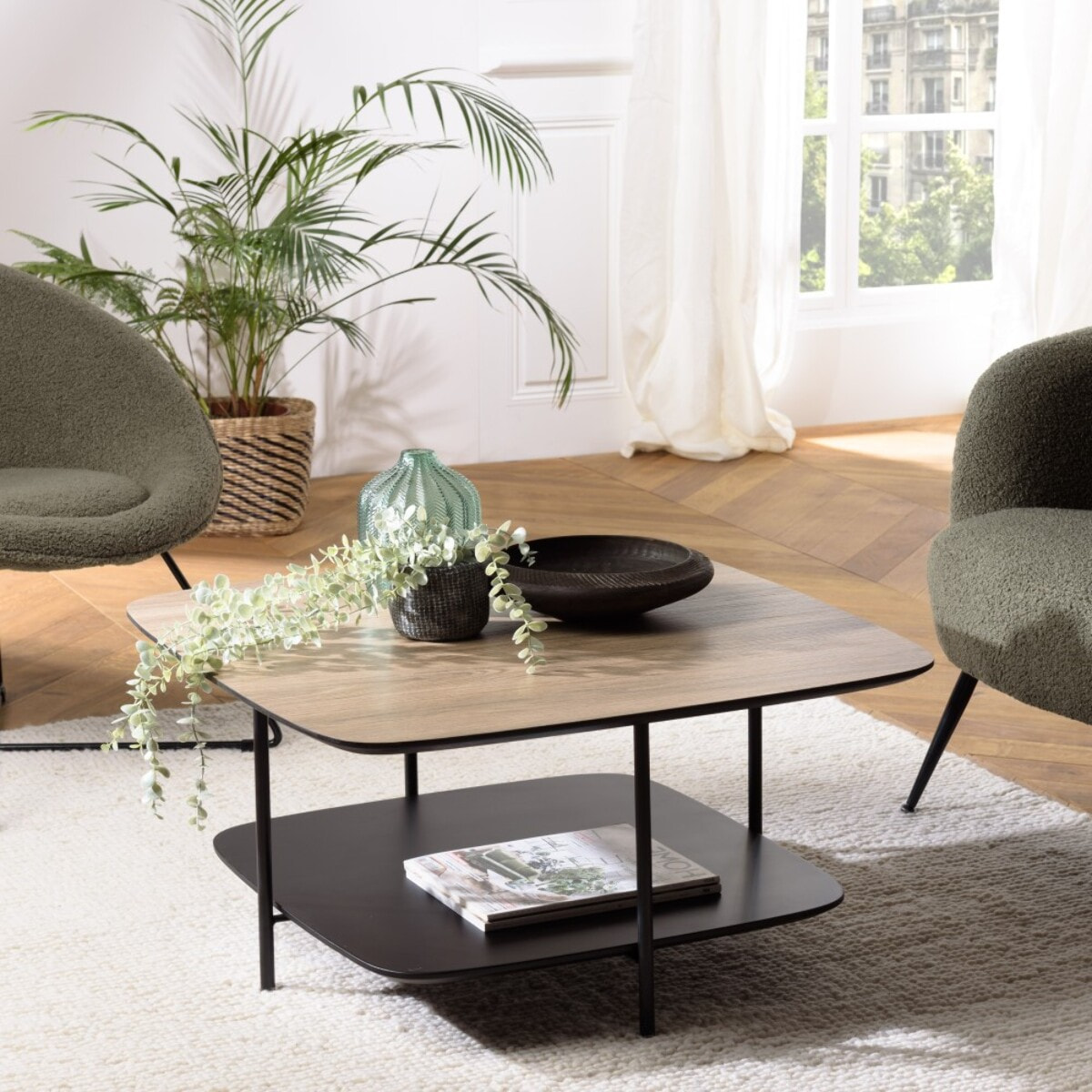 JULIA - Table basse 2 plateaux MM bi-matière mocha/noir pieds métal