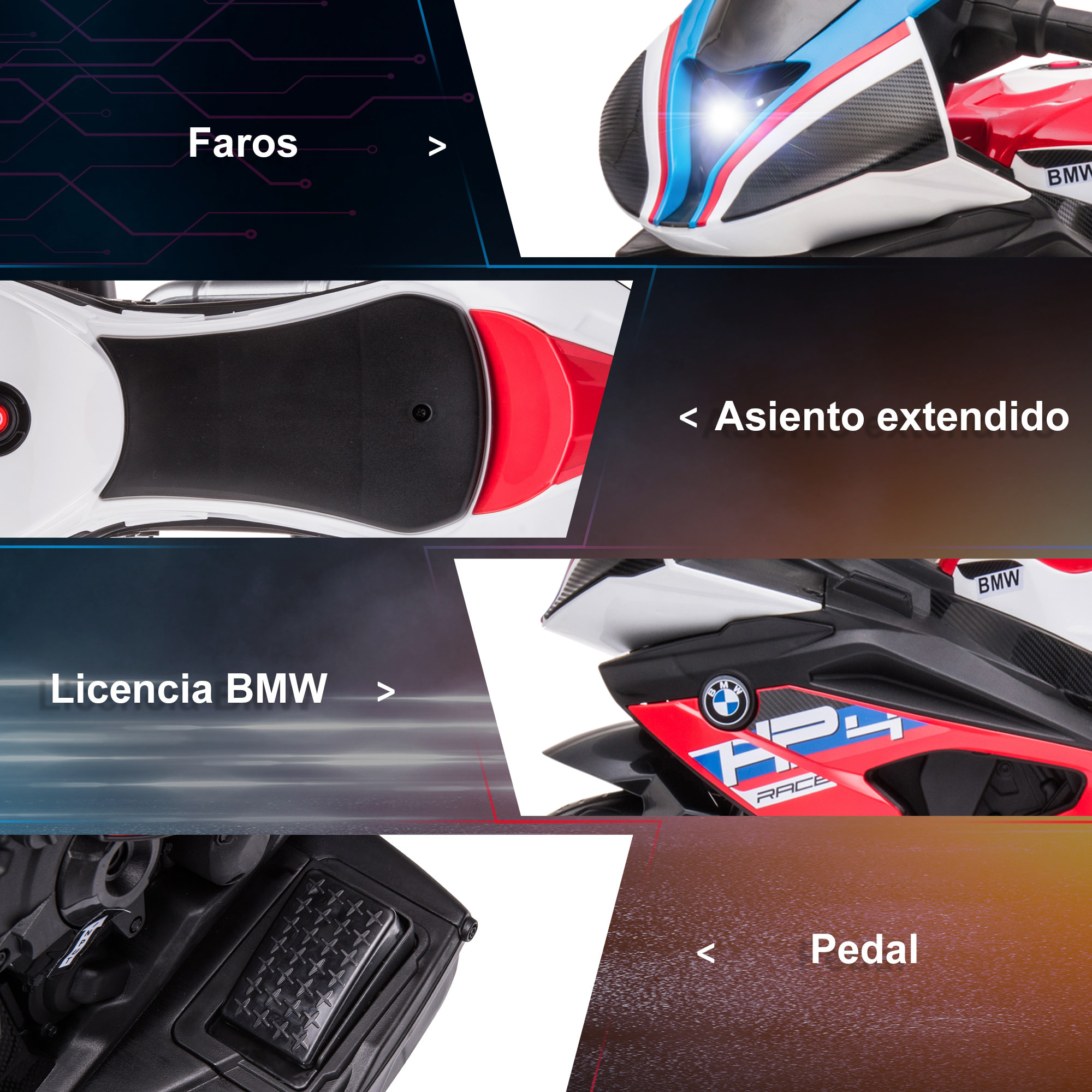 Moto Eléctrica BMW HP4 para Niños de +18 Meses Motocicleta de Batería 6V con Música USB Velocidad 2,5 km/h Avance y Retroceso Carga 30 kg 82,5x42x54 cm Rojo