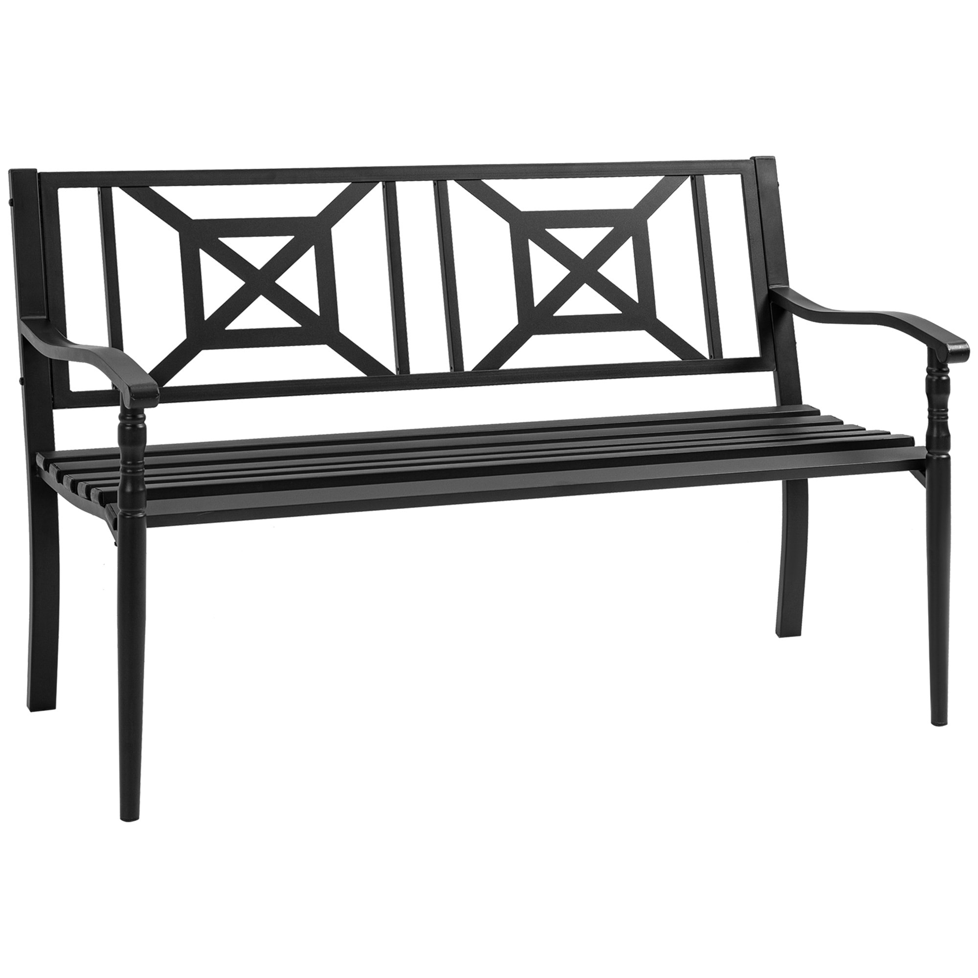 Banco de Jardín de 2 Plazas Banco Exterior de Acero con Reposabrazos y Respaldo Decorativo para Terraza Balcón Patio Carga 240 kg 128x62,5x81,5 cm Negro