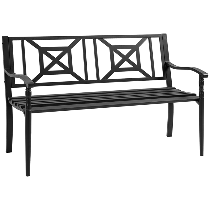 Banco de Jardín de 2 Plazas Banco Exterior de Acero con Reposabrazos y Respaldo Decorativo para Terraza Balcón Patio Carga 240 kg 128x62,5x81,5 cm Negro
