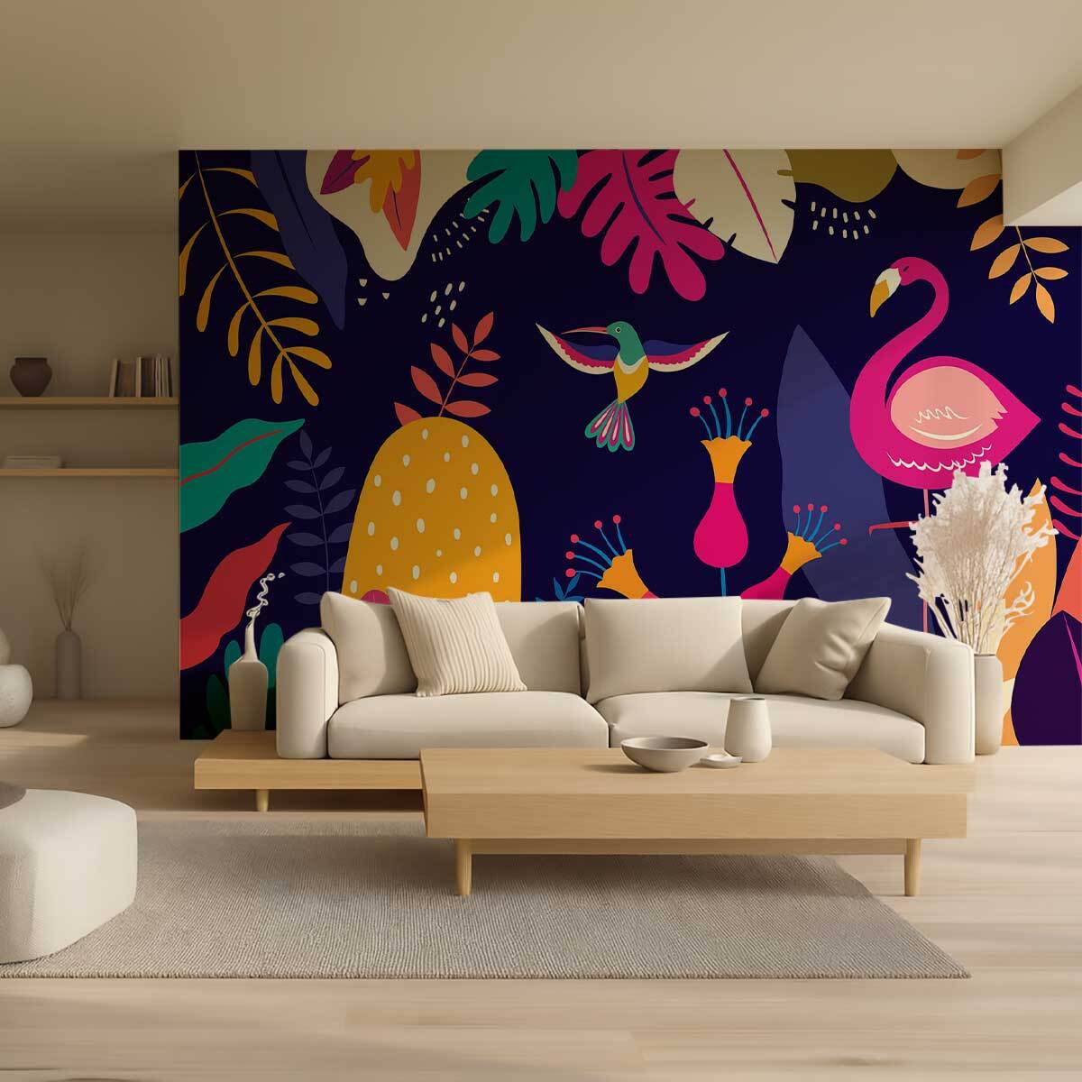 Papier peint tropical coloré flamant rose et jungle Intissé