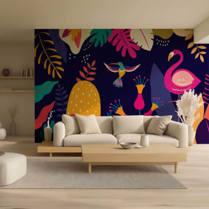 Papier peint tropical coloré flamant rose et jungle Intissé