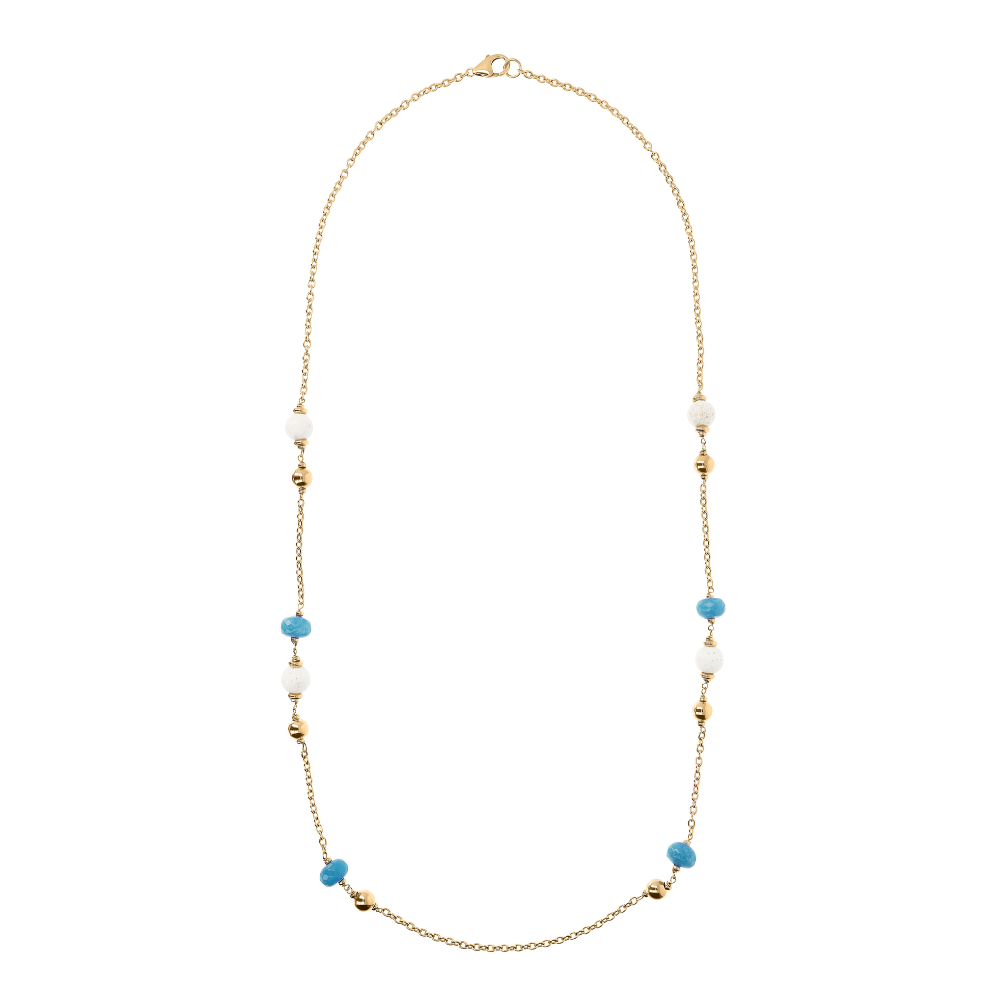 Collana Lunga Golden con Quarzite Blu e Corallo Bianco