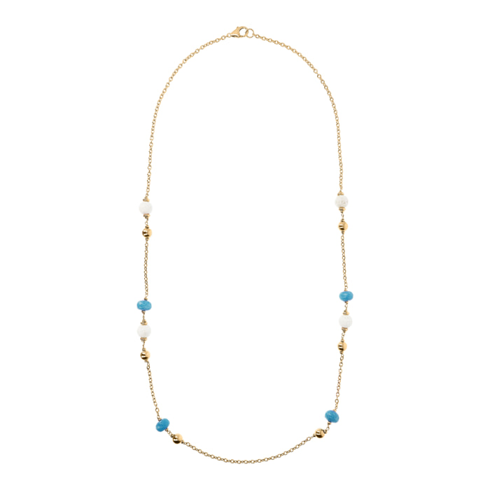 Collana Lunga Golden con Quarzite Blu e Corallo Bianco