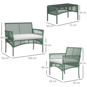Conjunto Jardín Exterior de Ratán, Muebles Jardín Exterior para 4 Piezas, Muebles Terraza con 1 Sofá de 2 Plazas, 2 Sillones, Cojines y 1 Mesa de Tablero de Vidrio, para Patio, Verde Oscuro