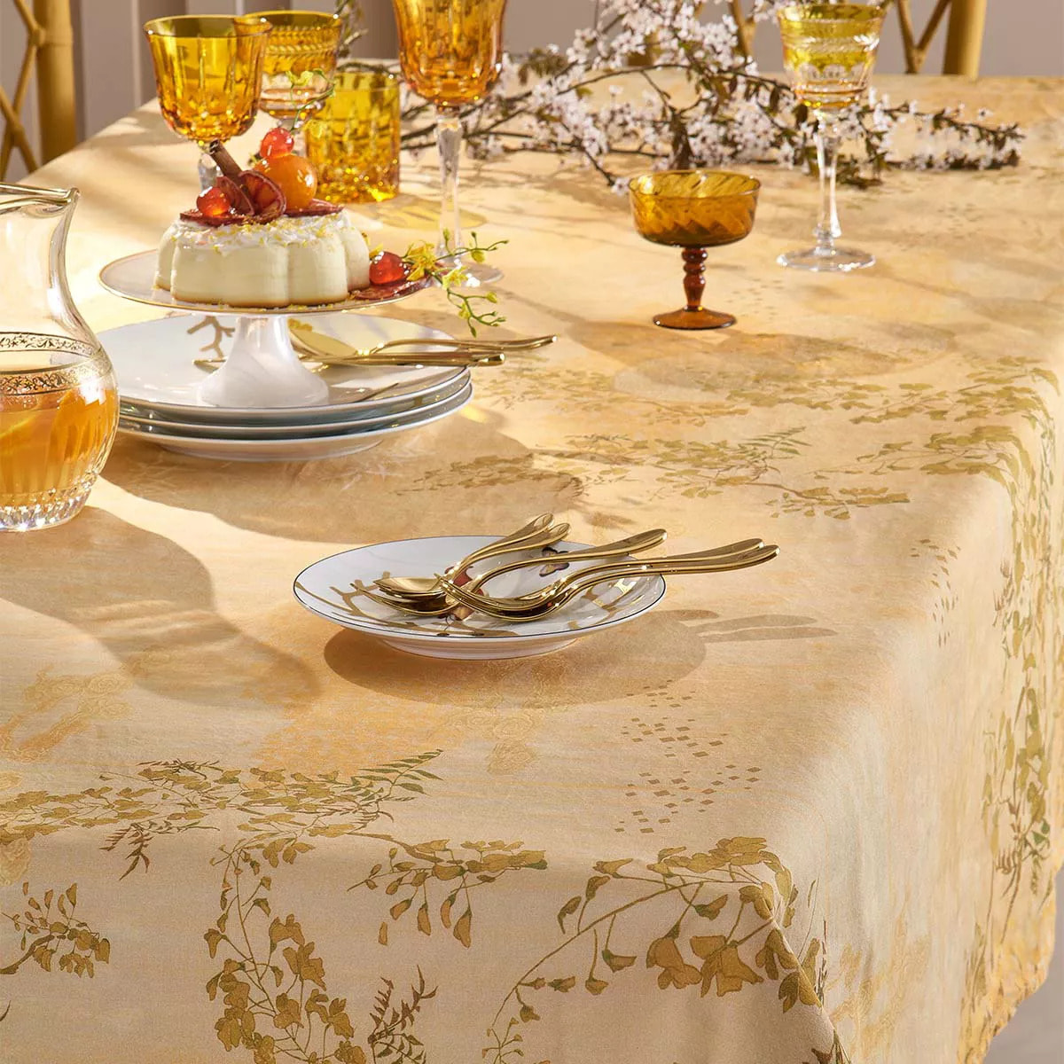 Nappe lin & coton lavé 190 g/m² imprimé jaune Soleil d'or dore