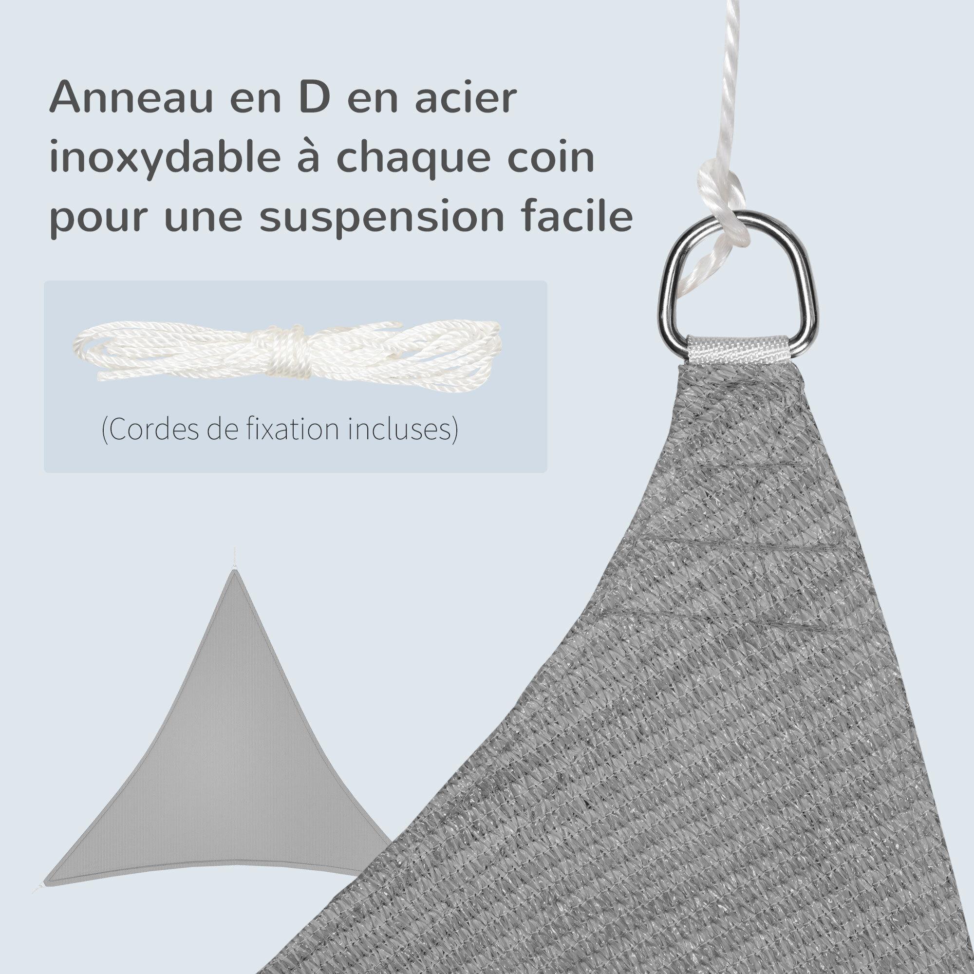 Voile d'ombrage triangulaire grande taille 3,6 x 3,6 x 3,6 m polyéthylène haute densité HDPE résistant aux UV gris