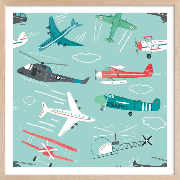 Affiche enfant avions à gogo Affiche + cadre en bois - Chêne