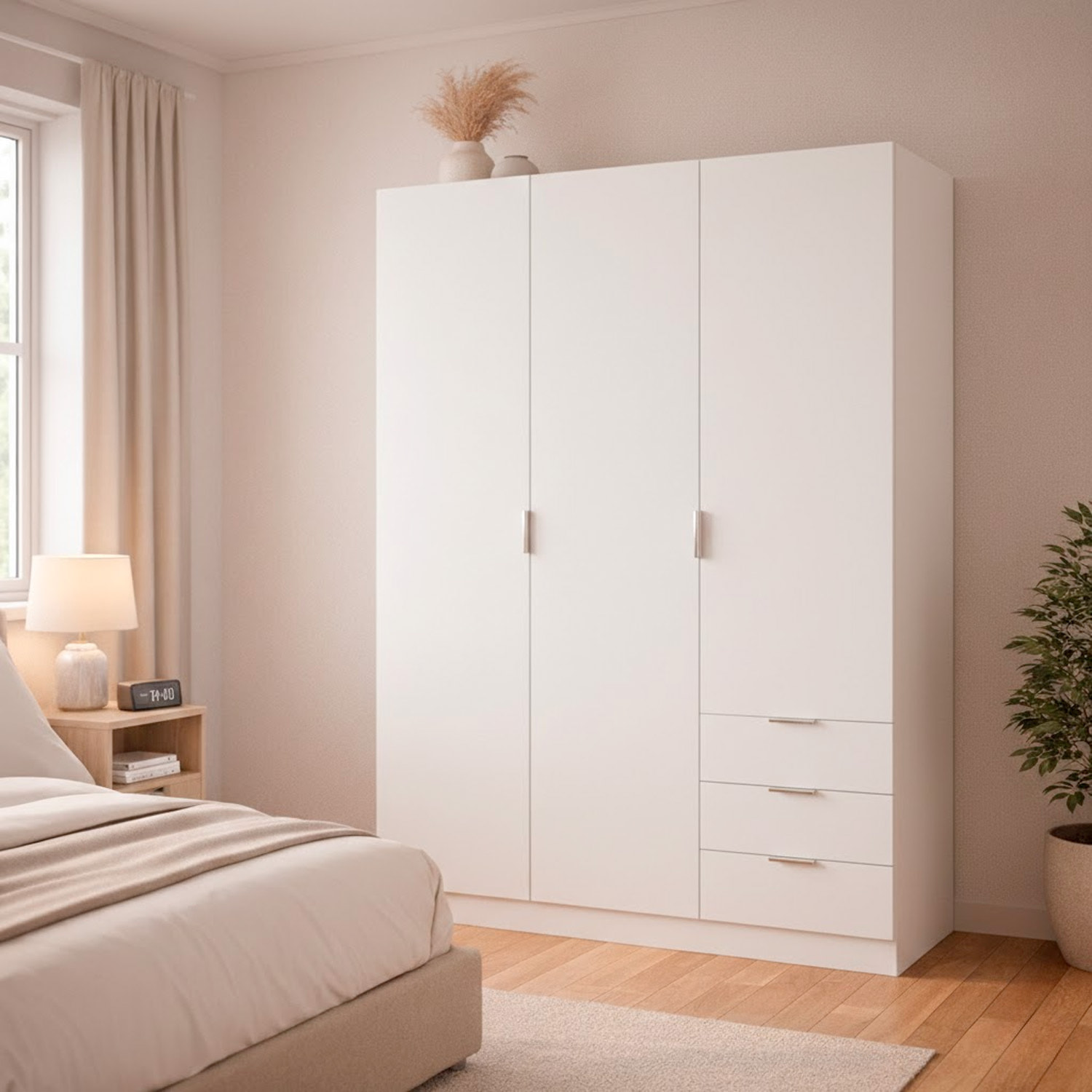 Armadio Guardaroba Vestiti 3 Ante Battenti 4 Ripiani E 3 Cassetti Con Barra Appendiabiti Salvaspazio Design Moderno 200 x 52 x 135 Cm Bianco