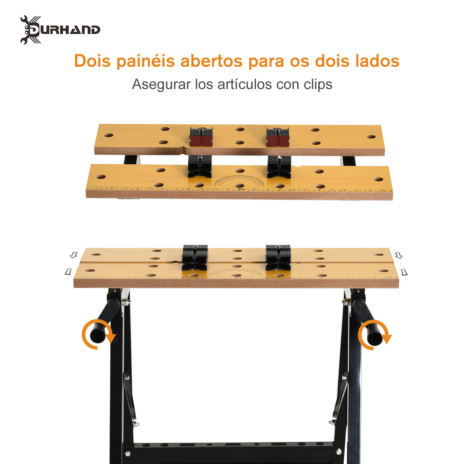 DURHAND Banco de Trabajo Plegable Mesa de Trabajo Portátil con 4 Abrazaderas Agujeros para Sierra Uso Doméstico Carpintería Hierro MDF Soporta 70 kg 56x62x75 cm Natural Negro