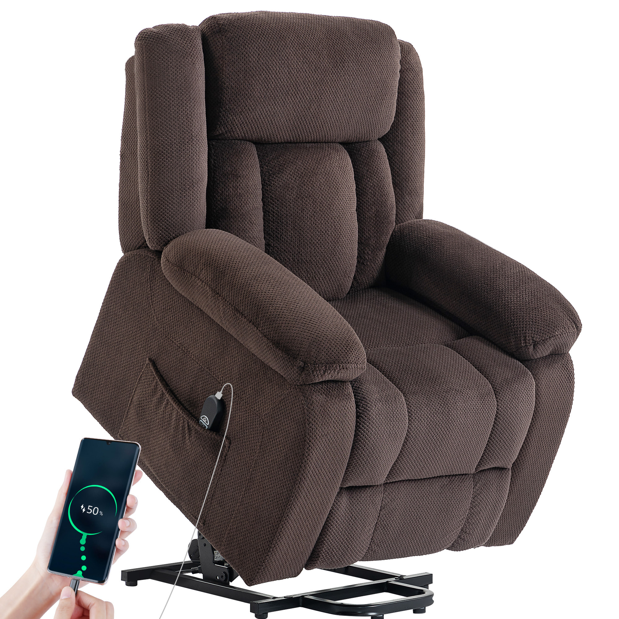 Sillón Relax Reclinable Eléctrico Levanta Personas, con Puerto USB, Sillón Elevador, con Control Remoto, Asiento Ancho, Reposapiés, Tapizado en Terciopelo, Bolsillos Laterales, Marrón